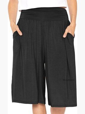 Flowy Wide Leg Capri Pants High Waist with Pockets Lounge Casual Straight Leg